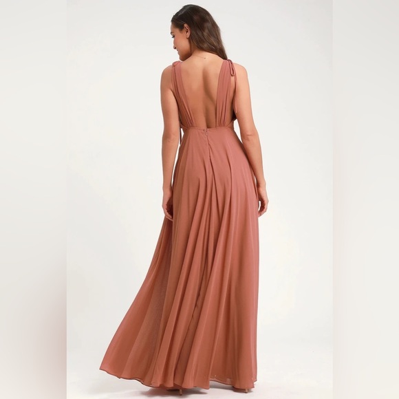 Lulus S Dusty Pink Flowy Maxi Dress Gown Deep V Low Back Bridesmaid Prom - Picture 12 of 14